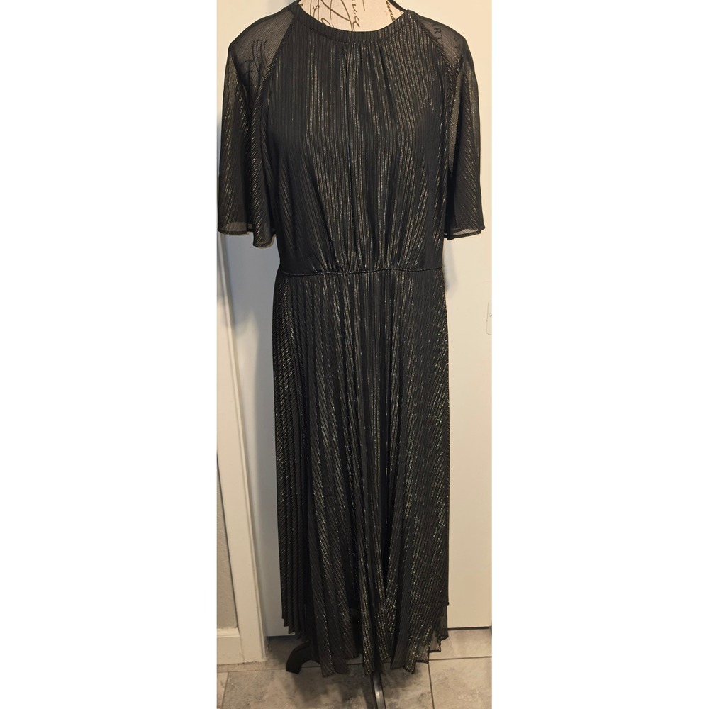Ann Taylor Black Gold Metallic Stripe Pleated Midi Dress Flutter Sleeve Size 8
